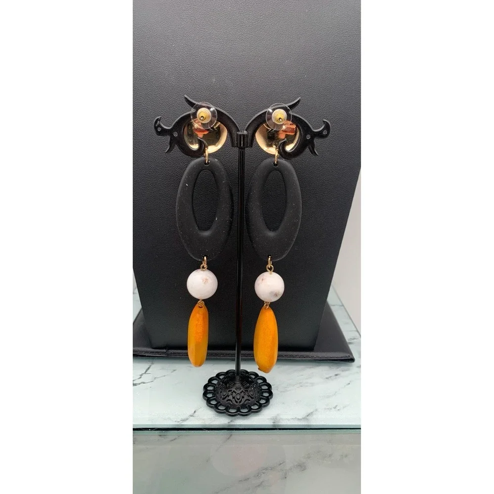 Large Lightweight Matte Soft Oval Beaded With Wood And Acrylic Dangle Earrings